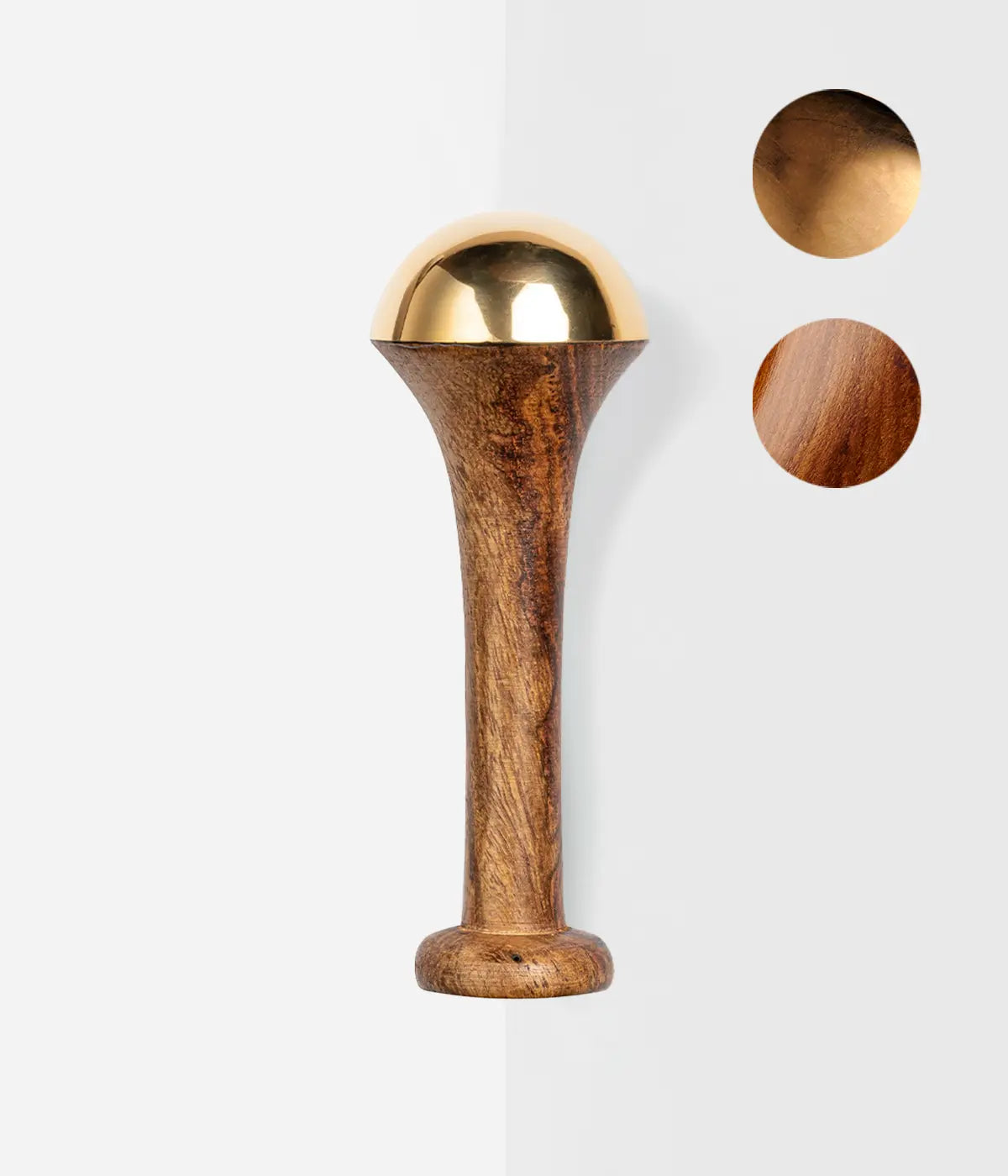 Image of Bronze Kansa Wand facial massage tool for lymphatic drainage and face lifting 
A skincare tool with a hypoallergenic metal dome and a brown wooden handle, displayed on a white background.