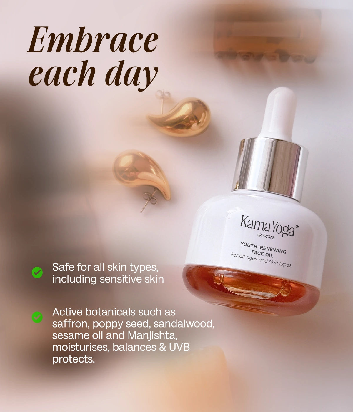Image of Rare Himalayan herbs and organic Saffron used in Kamayoga skincare 
Applying organic face oil as part of a daily ayurvedic beauty ritualformulas